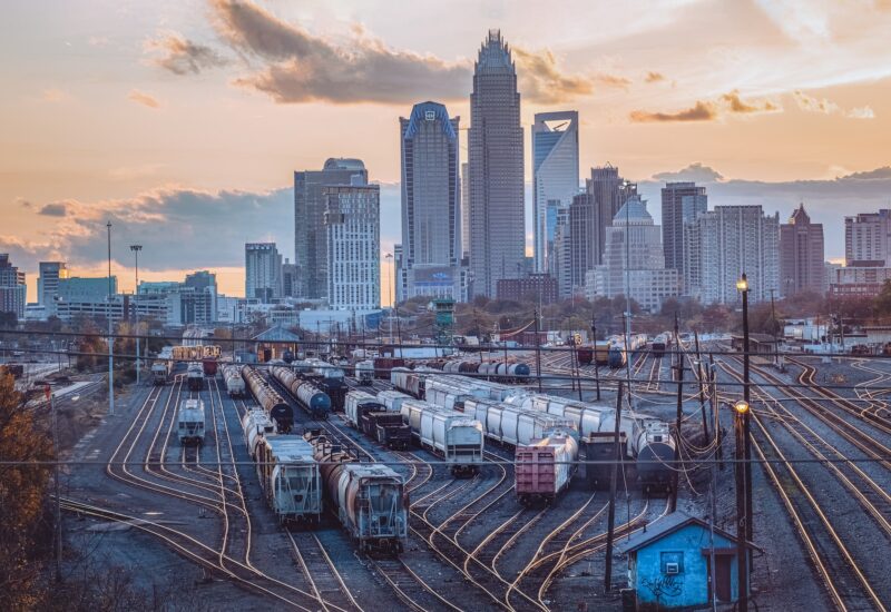 A rail yard in a city